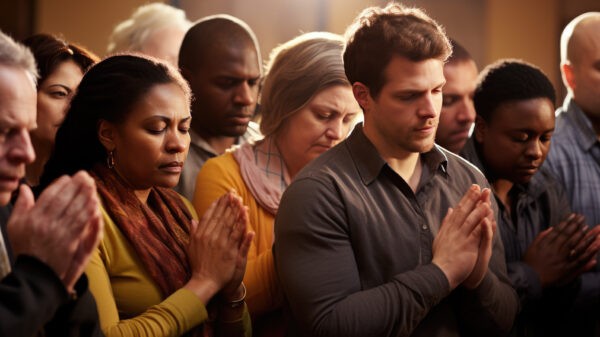 A diverse group of worshippers standing closely together with eyes closed and hands clasped in prayer during the opening of a church service.