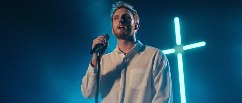 A male singer performs passionately on stage, illuminated by vibrant lighting.