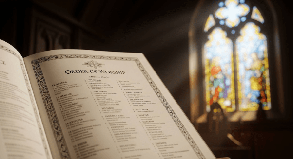A printed order of worship service displayed in an open booklet, with a stained glass window in the background