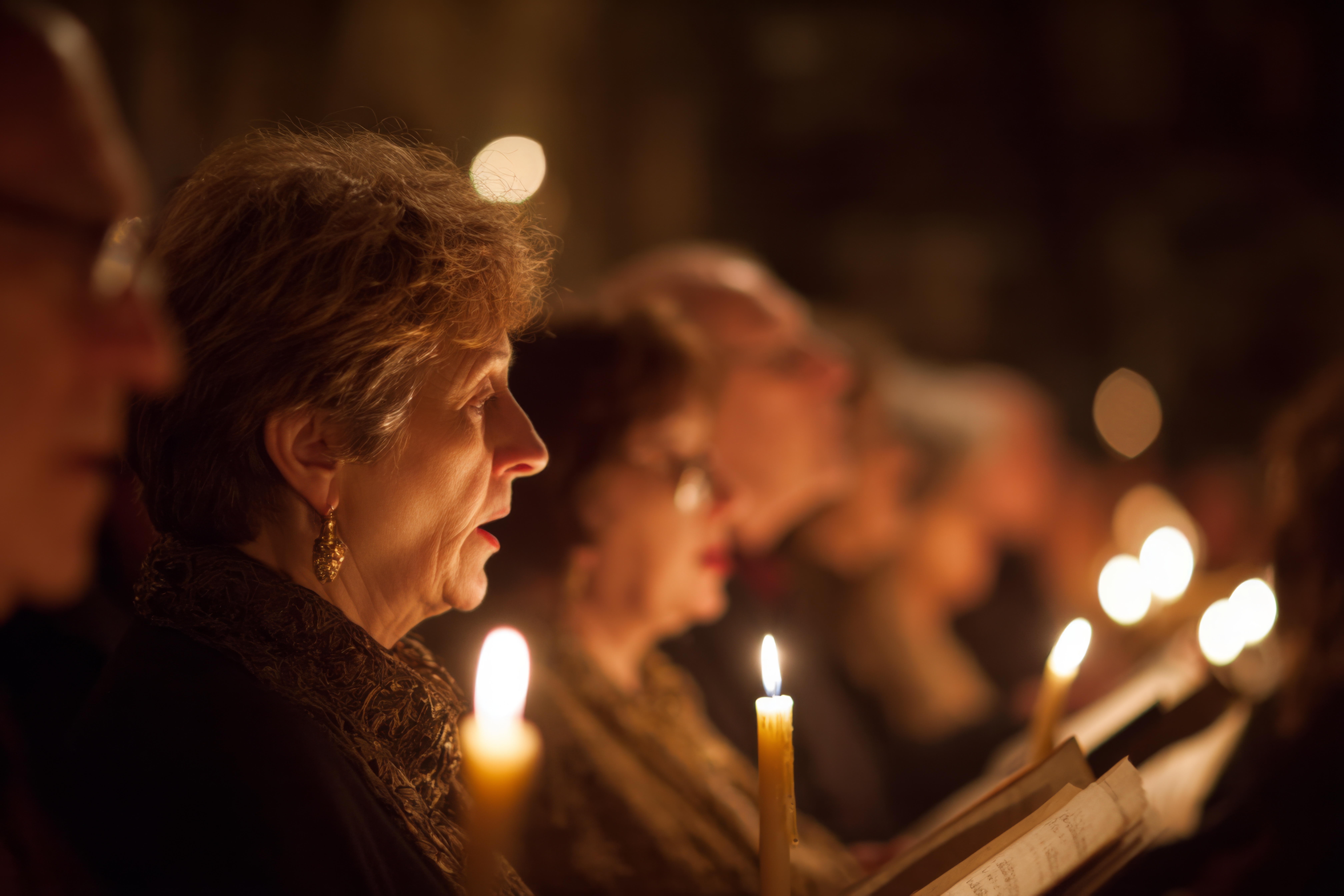 A candlelit choir sings during an All Saints Day service, each person holding a lit candle and hymnal in a dimly lit sanctuary.