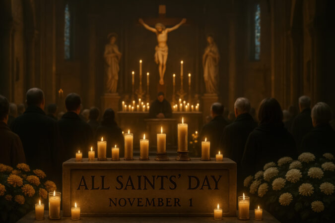 A congregation stands in a candlelit church during an All Saints Day service, with a stone altar marked “All Saints’ Day November 1” in the foreground.