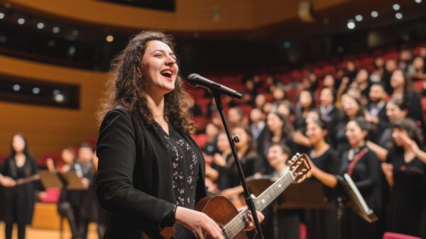 a worship musician performing with a guitar, leading a crowd of worshippers