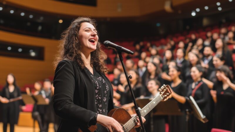 a worship musician performing with a guitar, leading a crowd of worshippers
