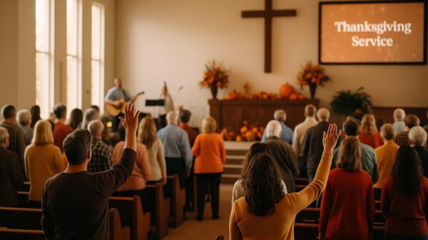Church congregation worshipping during a Thanksgiving service with warm morning light and autumn decor