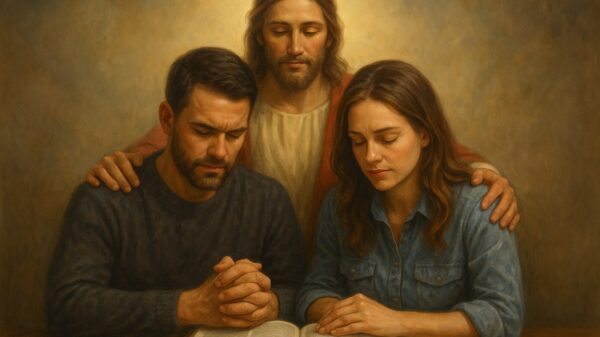 A married couple kneels in prayer with an open Bible as Jesus stands behind them, His hands resting on their shoulders in a gesture of blessing.