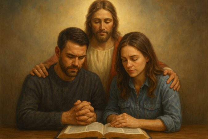 A married couple kneels in prayer with an open Bible as Jesus stands behind them, His hands resting on their shoulders in a gesture of blessing.