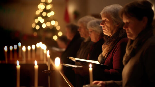 Men and women during a traditional Christmas service in a dark church with burning candles