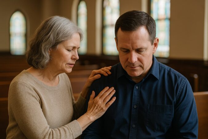 Older woman praying over a pastor inside a church, her hand resting gently on his shoulder as they sit in quiet reflection