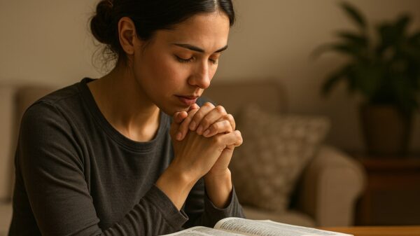 Young woman sitting at a wooden table with her hands clasped in prayer over an open Bible, eyes closed and expression calm, surrounded by soft natural light in a cozy, peaceful room.