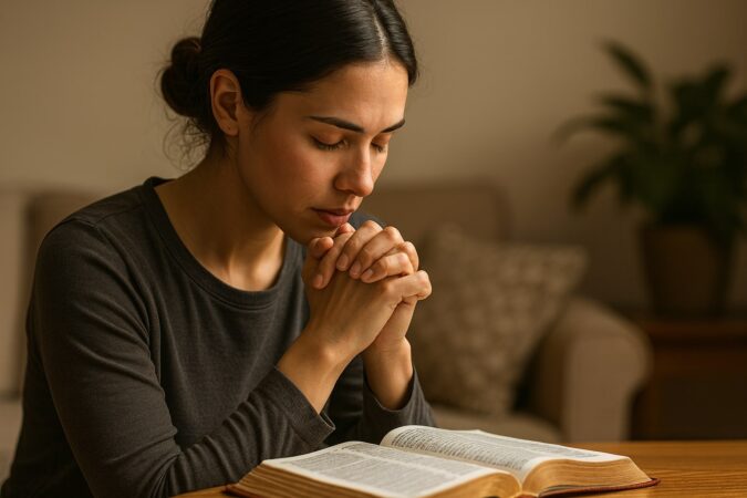 Young woman sitting at a wooden table with her hands clasped in prayer over an open Bible, eyes closed and expression calm, surrounded by soft natural light in a cozy, peaceful room.