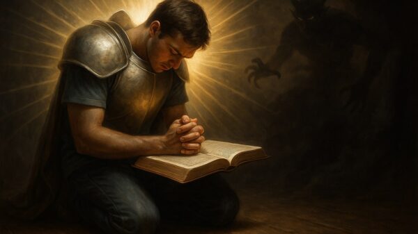 young man kneels in prayer